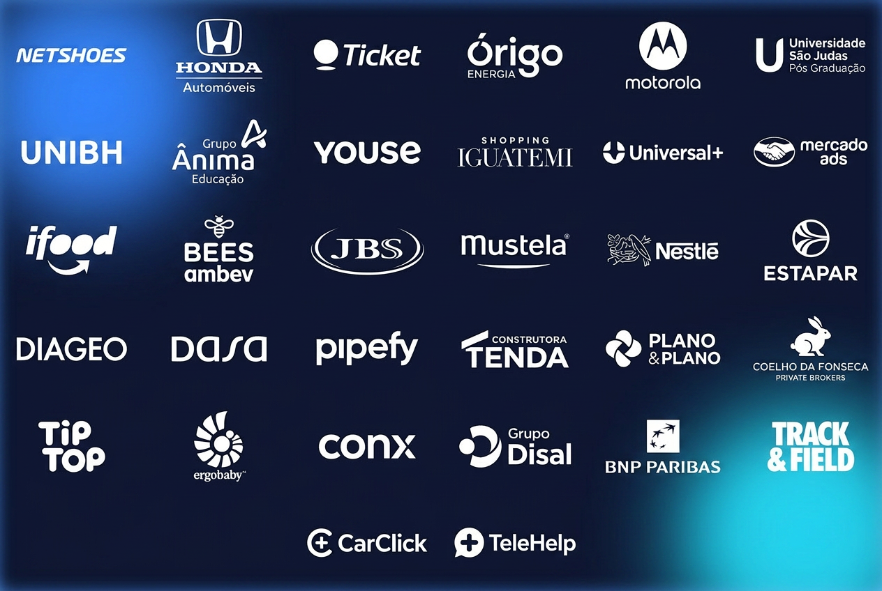 Marcas atendidas: Netshoes, Honda Automóveis, Ticket, Órigo Energia, Motorola, Universidade São Judas, UNIBH, Grupo Ânima Educação, Youse, Shopping Iguatemi, Universal+, Mercado Ads, iFood, Bees (Ambev), JBS, Mustela, Nestlé, Estapar, Diageo, Dasa, Pipefy, Construtora Tenda, Plano&Plano, Coelho da Fonseca, Tip Top, Ergobaby, Conx, Grupo Disal, Banco BNP Paribas, Track & Field, Carclick e Telehelp